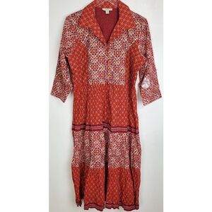 New Appleseeds 14p midi tiered fit flare dress orange 3/4 sleeve button bohemian